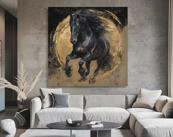 Cuadro en lienzo "Semental Negro": Decoración ecuestre abstracta dorada, listo para colgar.