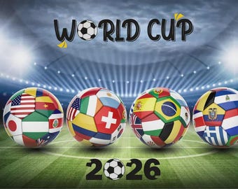 Póster del Mundial de Fútbol 2026, Banderas Internacionales y Balones de Fútbol (Descarga Digital)