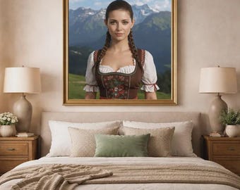 Retrato de mujer alpina, arte con vestido dirndl, arte mural bávaro para imprimir (descarga digital)