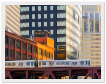 Lámina enmarcada en madera con papel mate, Chicago, tren, ciudad, 11x14″
