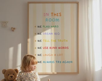Lámina con las reglas de la sala de juegos, decoración Montessori para guardería, póster de afirmaciones para niños