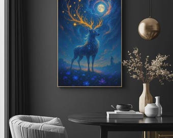 Póster de fantasía de ciervo celestial: arte mural luminoso de ciervo