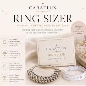 Può includere: Un kit misuratore di anelli Caratlux, che include uno strumento di misurazione con anelli numerati e un metro a nastro. L'immagine contiene il testo "Ring Sizer" e "Find Your Perfect Fit, Every Time".