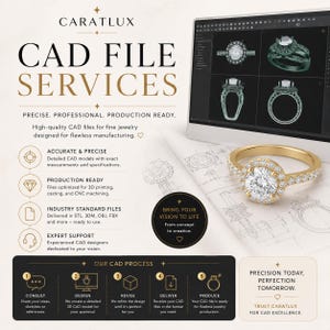 May include: An advertisement for Caratlux CAD file services. The image features a gold ring with a large center stone, a computer screen displaying jewelry designs, and text highlighting services like accurate models, production readiness, and expert support.