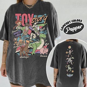 2 Side Disneyland Toy Story Vinatge Comfort Colors Shirt,Woody Buzz Lightyear Rex Tee,WDW Disneyland Family Vacation, Character Inspired Tee image 1