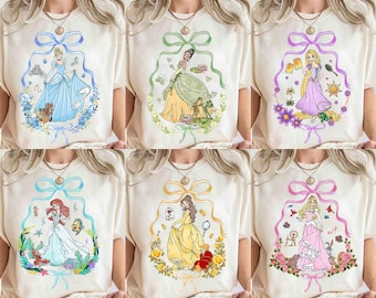Coquette Bows Disneyland All Princesses Characters Shirt, Tiana Ariel Elsa Rapunzel Belle Jasmine Tee, WDW Magic Kingdom Family 2026 Trip