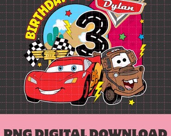 Personalized Cars Birthday Boy PNG, Personalized Name Age Lightning McQueen Mater Birthday Cars png I Digital Download