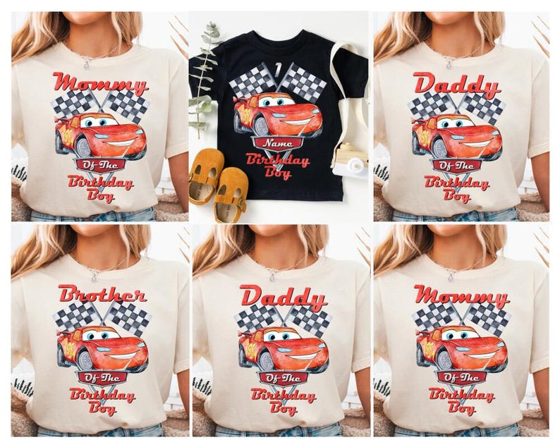 Camiseta de cumpleaños de Rayo McQueen en acuarela, camiseta de coche para niño de cumpleaños, camiseta familiar de Disneyland, camiseta de cumpleaños de Rayo McQueen de Pixar para niña. imagen 1