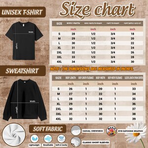 Pu&ograve; includere: Tabella delle taglie per t-shirt e felpe unisex nere. La tabella include misure in cm per la lunghezza del corpo, il petto e la lunghezza delle maniche. Evidenzia anche tessuto morbido e girocollo.