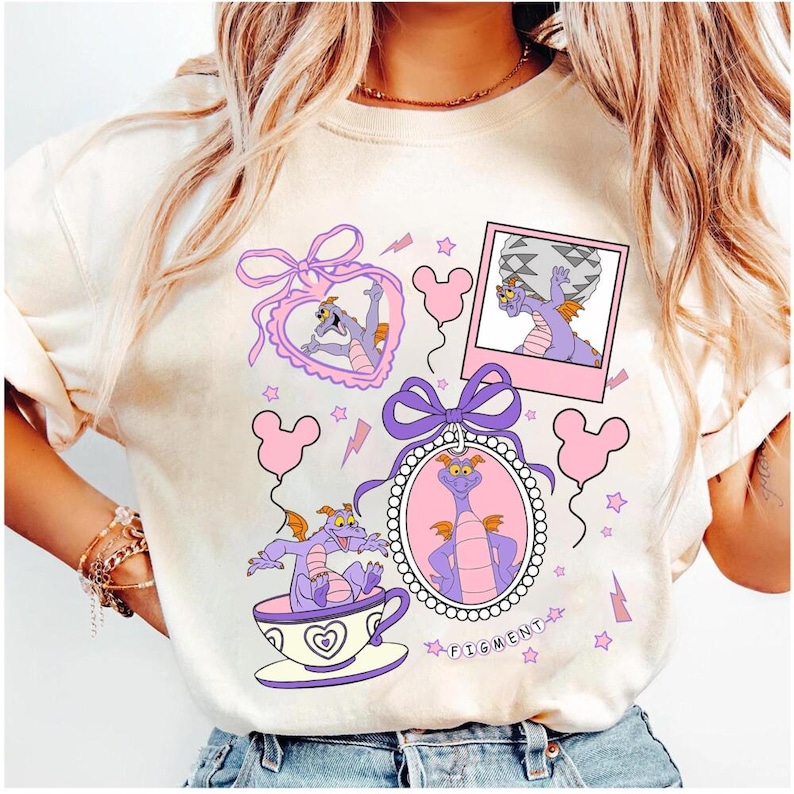 Disneyland Coquette Bows Figment Shirt, Retro Figment Walt Disneyland Epcot Center Shirt, One Little Spark Shirt, Trip Matching Shirt image 1