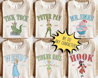 Camiseta retro de Peter Pan, camisetas a juego de Disneyland, camisetas de Disneyland, camiseta de vacaciones, Wendy, Capitán Garfio, Sr. Smee, Tic-tac, Campanilla, Nana