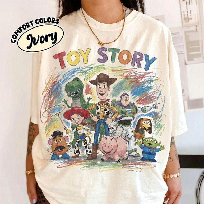 Retro Toy Story Comfort Colors Shirt, Crayon Drawing Tee, Woody Buzz Lightyear, Disneyland Family Vacation Trip Shirt, Pixar Character Shirt image 1