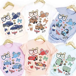 Retro Coquette Bows Disneyland Cars shirt, Lightning McQueen Mater Doc Hudson Sally Carrera Birthday Cars Family Tee, Disneyland Trip Shirt image 1