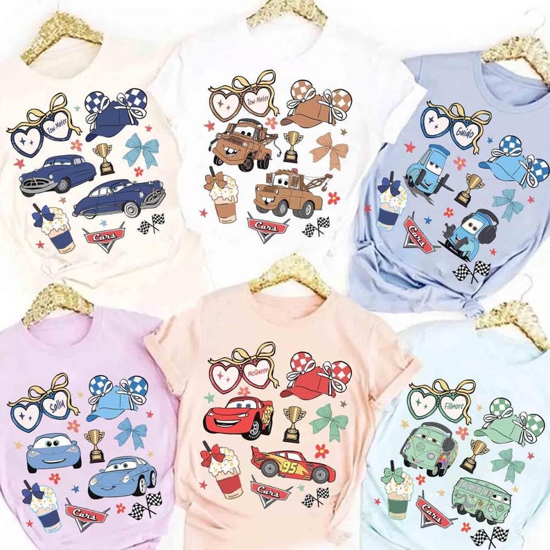 Retro Coquette Bows Disneyland Cars shirt, Lightning McQueen Mater Doc Hudson Sally Carrera Birthday Cars Family Tee, Disneyland Trip Shirt image 1