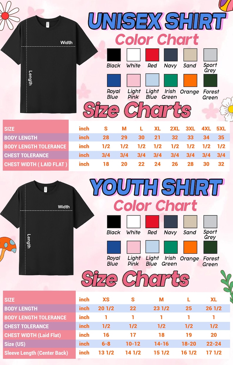Pu&ograve; includere: Una maglietta nera con tabelle delle taglie e dei colori per magliette unisex e da ragazzo. La tabella dei colori include nero, bianco, rosso, blu navy, sabbia e grigio sportivo. Le tabelle delle taglie mostrano le misure in pollici.