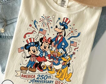 Comfort Colors Mickey Friends Patriotic 250th Anniversary Shirt, 1776-2026 Family Matching Vacation Outfit, Vintage Independence Day Gift