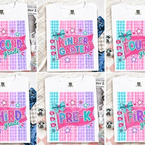 Preppy Grade PNG Bundle, Pink Gingham Schule PNG, Pre K bis Vierte Klasse PNG, Zurück in der Schule Sublimationsdesign, Schulhemd