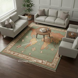 Puede incluir: Una alfombra rectangular con un diseño de mapa del mundo en tonos verdes y beige. La alfombra tiene un borde decorativo y flecos. El texto "Vintage Craft Rug Art" está impreso en la alfombra.