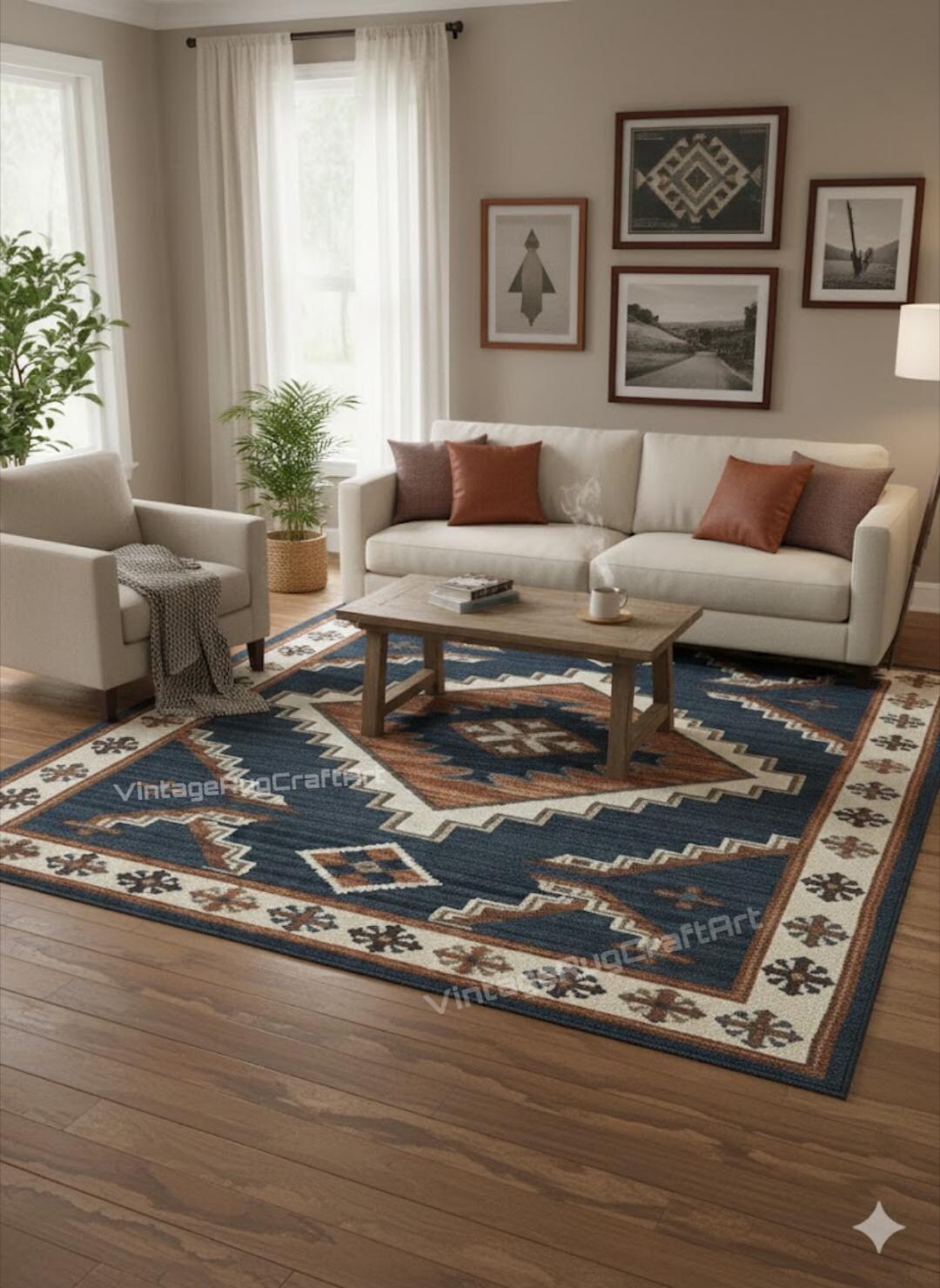 Blue Terracotta Southwestern Wool Rug - Hand Knotted Navy Blue Tribal ...