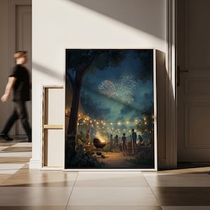 Canvastavla med fyrverkerikväll, trädgårdsfest, väggkonst, mysig trädgårdsfest, dekoration för sommarkvällar, varm ljusslinga på canvas