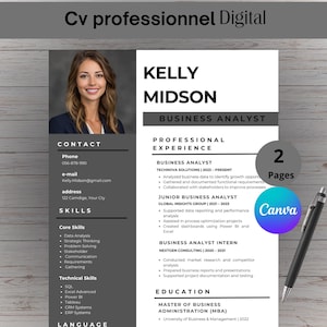 May include: A professional resume template with a photo, contact information, skills, and work experience. The resume is for a Business Analyst named Kelly Midson. The design is modern, with a clean layout and a professional appearance.