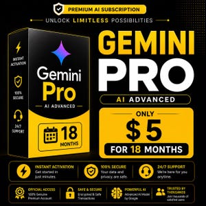 Piano Gemini Pro di 18 mesi / Tutte le funzionalità AI / Ricerca approfondita • Generazione di immagini • 5 TB di spazio di archiviazione