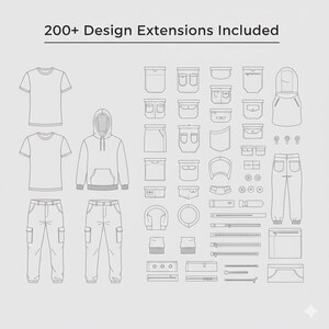 K&ouml;nnte beinhalten: Strichzeichnung verschiedener Kleidungsst&uuml;cke und Designelemente, darunter T-Shirts, ein Kapuzenpullover, Cargohosen, Taschen, Rei&szlig;verschl&uuml;sse und Kn&ouml;pfe. Der Text "200+ Design Extensions Included" steht oben.