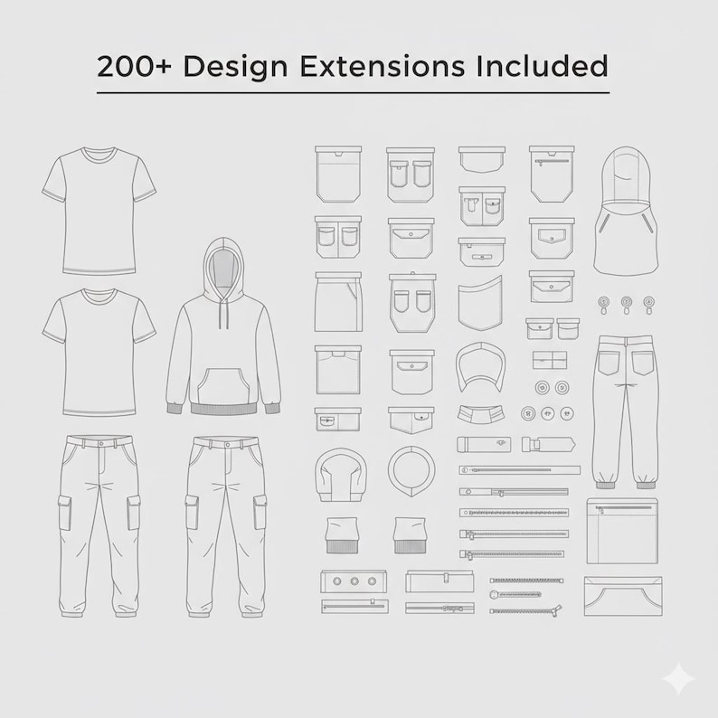 K&ouml;nnte beinhalten: Strichzeichnung verschiedener Kleidungsst&uuml;cke und Designelemente, darunter T-Shirts, ein Kapuzenpullover, Cargohosen, Taschen, Rei&szlig;verschl&uuml;sse und Kn&ouml;pfe. Der Text "200+ Design Extensions Included" steht oben.