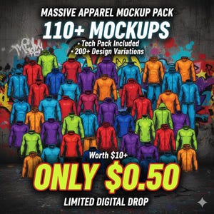 Könnte beinhalten: Ein digitales Grafikdesign mit einer Sammlung farbenfroher Bekleidungsmockups, darunter Hoodies und Trainingsanzüge. Das Bild zeigt den Text "MASSIVE APPAREL MOCKUP PACK" und "110+ MOCKUPS". Zusätzlicher Text beinhaltet "Tech Pack Included", "200+ Design Variations" und "NUR 0,50$".