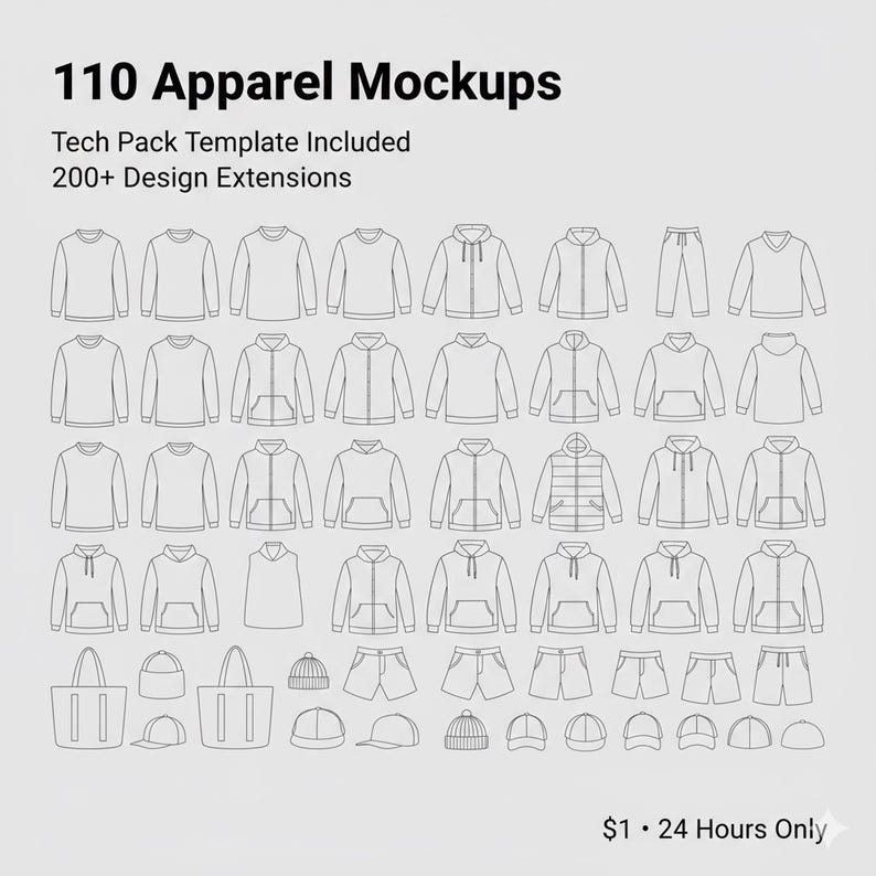 K&ouml;nnte beinhalten: Eine Illustration von 110 Bekleidungsmockups, darunter T-Shirts, Hoodies, Hosen, Shorts, H&uuml;te und Tragetaschen. Der Text lautet "110 Apparel Mockups", "Tech Pack Template Included" und "200+ Design Extensions."