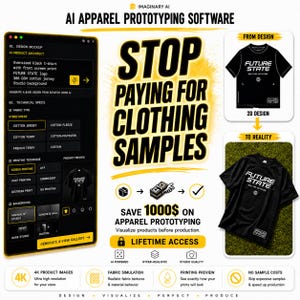 Peut inclure: Une interface numérique pour un logiciel de prototypage de vêtements par IA affichant des maquettes, des spécifications techniques et des tissus. Le graphique présente le texte STOP PAYING FOR CLOTHING SAMPLES, un t-shirt noir et une photo réaliste.