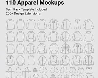 Kleidung Mockup Bündel | 110 Kleidungsvorlagen + Tech Pack (Digitaler Download