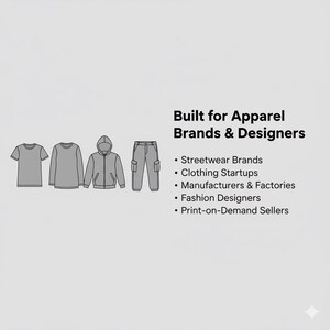 K&ouml;nnte beinhalten: Illustration von Bekleidungsartikeln: ein T-Shirt, ein lang&auml;rmliges Hemd, eine Kapuzenjacke und eine Cargohose. Der Text lautet "Built for Apparel Brands & Designers" mit Aufz&auml;hlungspunkten f&uuml;r Streetwear-Marken, Bekleidungs-Startups, Hersteller & Fabriken, Modedesigner und Print-on-Demand-Verk&auml;ufer.