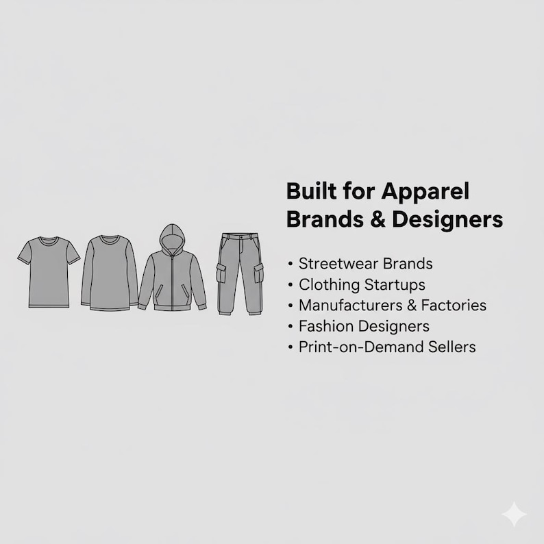 K&ouml;nnte beinhalten: Illustration von Bekleidungsartikeln: ein T-Shirt, ein lang&auml;rmliges Hemd, eine Kapuzenjacke und eine Cargohose. Der Text lautet "Built for Apparel Brands & Designers" mit Aufz&auml;hlungspunkten f&uuml;r Streetwear-Marken, Bekleidungs-Startups, Hersteller & Fabriken, Modedesigner und Print-on-Demand-Verk&auml;ufer.