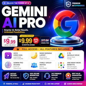 Google Gemini Pro AI サブスクリプション | 18ヶ月アクセス、5TBドライブ、ビデオ生成