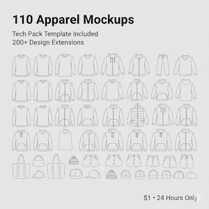 Puede incluir: Una ilustración de 110 maquetas de ropa, que incluyen camisetas, sudaderas con capucha, pantalones, pantalones cortos, sombreros y bolsos de mano. El texto dice "110 Apparel Mockups, Tech Pack Template Included, 200+ Design Extensions".