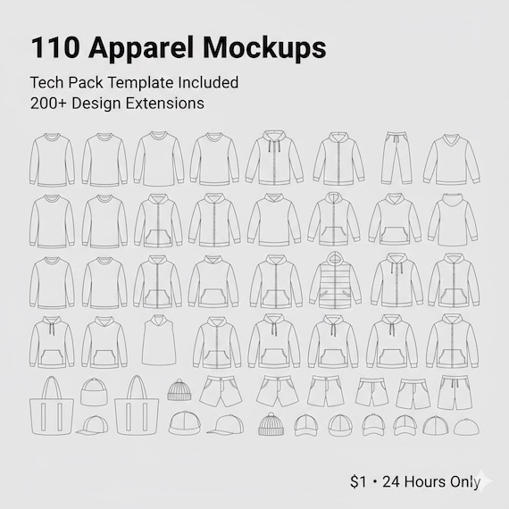 110 Apparel Mockups Pack | Tech Pack Template, Design Extensions (Digital Download)