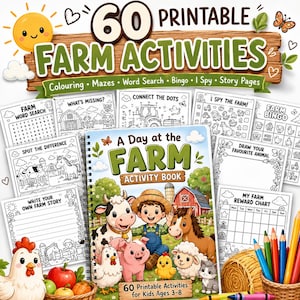 Può includere: Una raccolta di 60 attività stampabili a tema fattoria, tra cui pagine da colorare, labirinti, cruciverba, bingo e giochi di ricerca. Include un libro di attività a spirale intitolato A Day at the Farm con illustrazioni di animali.