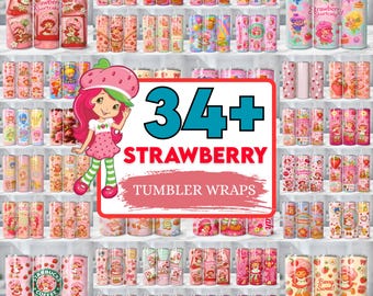 34種類以上のレトロなストロベリーショートケーキタンブラーセット | 90年代のカートゥーンガール | かわいいベリーフレンズ、ピンクのストロベリーカートゥーンタンブラーラップパック