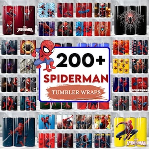 Op de afbeelding: Een verzameling roestvrijstalen bekers met verschillende Spider-Man-ontwerpen. De bekers tonen de superheld in actieposes, samen met het Spider-Man-logo en webpatronen. De afbeelding bevat een bord met de tekst "200+ SPIDERMAN TUMBLER WRAPS".