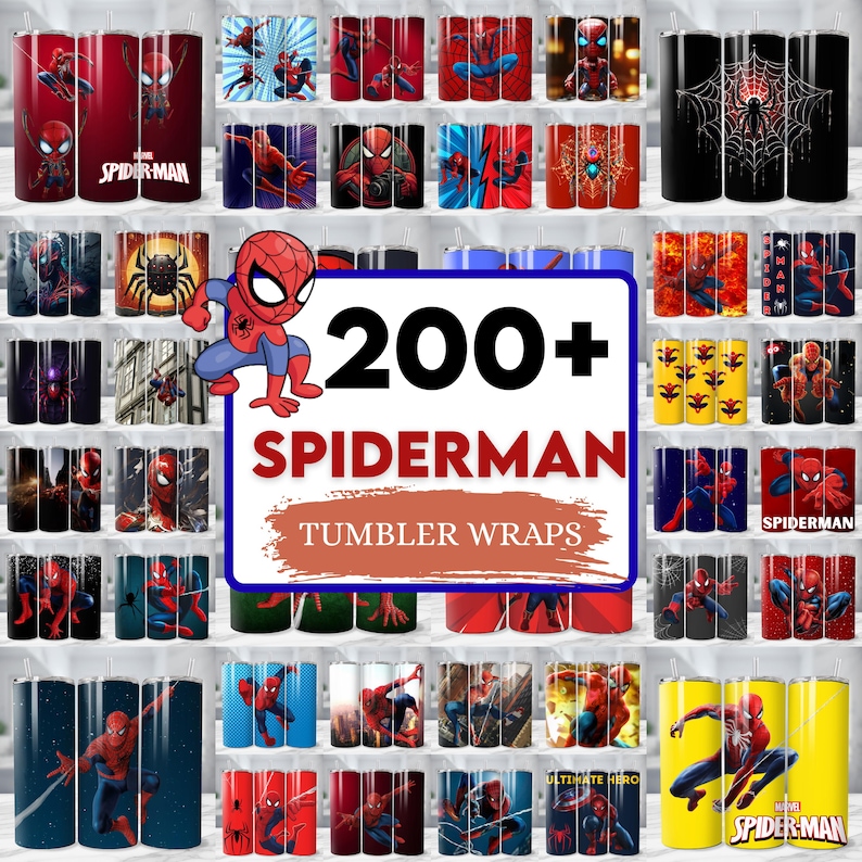 Op de afbeelding: Een verzameling roestvrijstalen bekers met verschillende Spider-Man-ontwerpen. De bekers tonen de superheld in actieposes, samen met het Spider-Man-logo en webpatronen. De afbeelding bevat een bord met de tekst "200+ SPIDERMAN TUMBLER WRAPS".