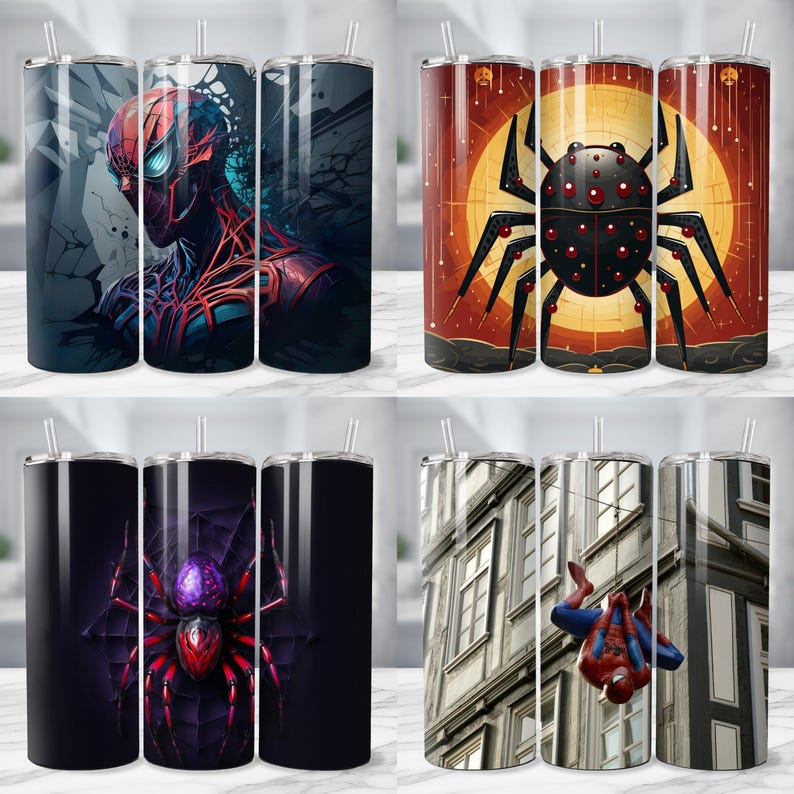 Op de afbeelding: Een set van vier roestvrijstalen ge&iuml;soleerde bekers. Elke beker heeft een ander ontwerp van het Spider-Man-personage. De ontwerpen omvatten een portret, een spin en een stadsgezicht. Elke beker heeft een zilveren rietje.