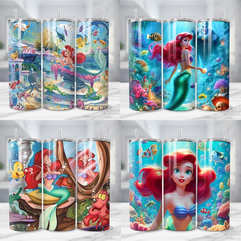 K&ouml;nnte beinhalten: Vier Edelstahlbecher mit farbenfrohen Unterwasserszenen. Jeder Becher zeigt ein anderes Design von Arielle, der Meerjungfrau, mit Fischen und Korallen. Jeder Becher hat einen Strohhalm.