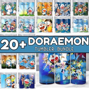 May include: A collection of Doraemon-themed tumblers, each featuring vibrant illustrations of the beloved anime character and his friends. The tumblers showcase various scenes and character poses, with a blue banner reading "20+ DORAEMON TUMBLER BUNDLE".