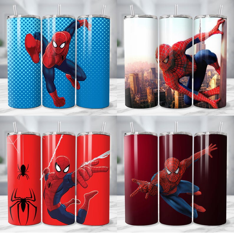 Op de afbeelding: Een verzameling van vier roestvrijstalen ge&iuml;soleerde bekers met Spider-Man-ontwerpen. De bekers tonen verschillende actieposes en afbeeldingen van de superheld, met achtergronden zoals stadsgezichten en stripachtige patronen. Elke beker bevat een rietje.