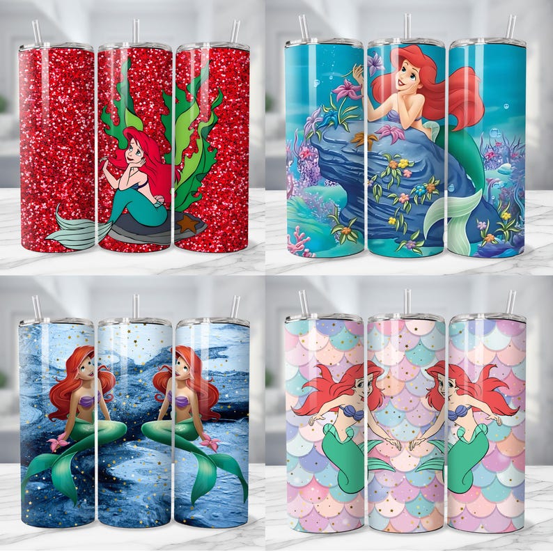 K&ouml;nnte beinhalten: Eine Auswahl von vier Edelstahlbechern mit Strohhalmen, die Meerjungfrau-Designs zeigen. Die Becher haben ein Fassungsverm&ouml;gen von etwa 590 ml. Die Designs umfassen roten Glitzer, Unterwasserszenen und Meerjungfrau-Schuppenmuster, alle mit Arielle, die Meerjungfrau.