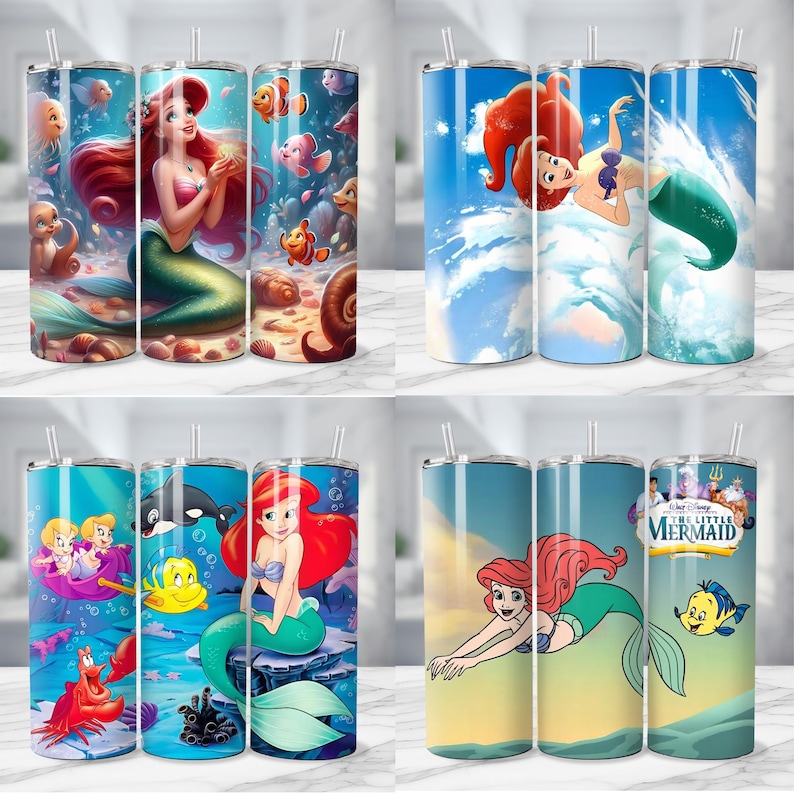 K&ouml;nnte beinhalten: Vier Edelstahlbecher mit verschiedenen Illustrationen von Arielle aus Arielle, die Meerjungfrau. Die Designs zeigen Arielle mit roten Haaren und einem gr&uuml;nen Schwanz, zusammen mit anderen Charakteren, vor Unterwasser- und Himmelshintergr&uuml;nden.