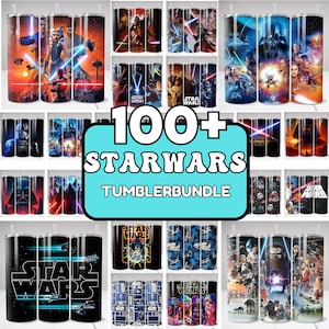 May include: A collection of Star Wars themed tumblers with various character and scene designs. The image includes tumblers with images of Darth Vader, Luke Skywalker, and other characters. The text "100+ STARWARS TUMBLERBUNDLE" is also visible.