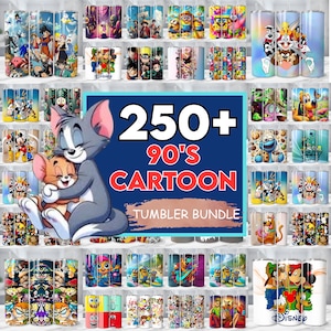 May include: A collection of cartoon-themed tumblers featuring characters from various 90s cartoons. The image includes a variety of designs, including Tom and Jerry, Disney characters, and other popular animated shows. The text reads "250+ 90's Cartoon Tumbler Bundle."