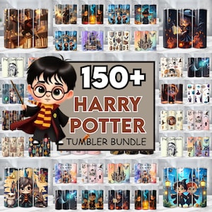 Puede incluir: Una colección de vasos con temática de Harry Potter, con varios diseños y personajes de la serie. La imagen incluye un gráfico central que dice "150+ Harry Potter Tumbler Bundle."